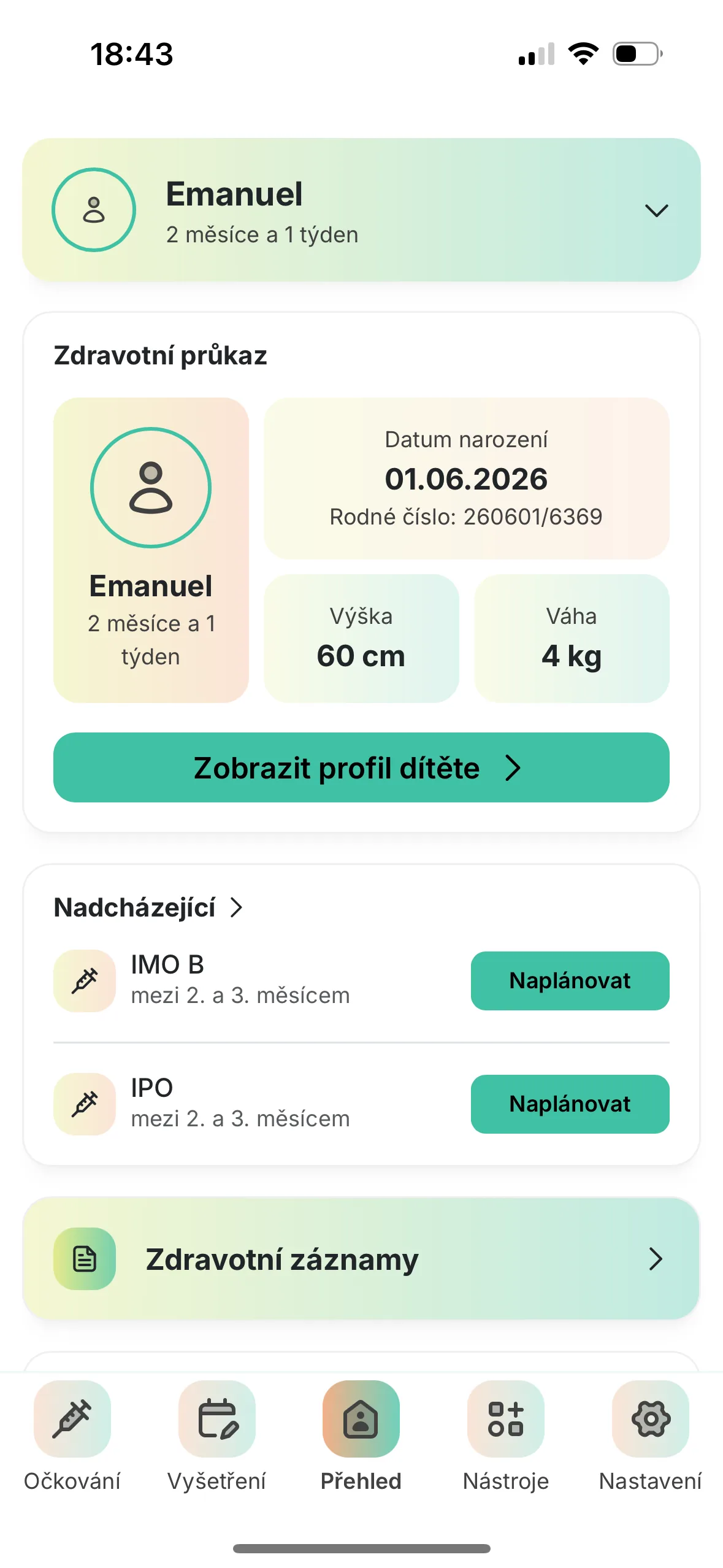 Přehled dítěte v aplikaci Dětský průkaz